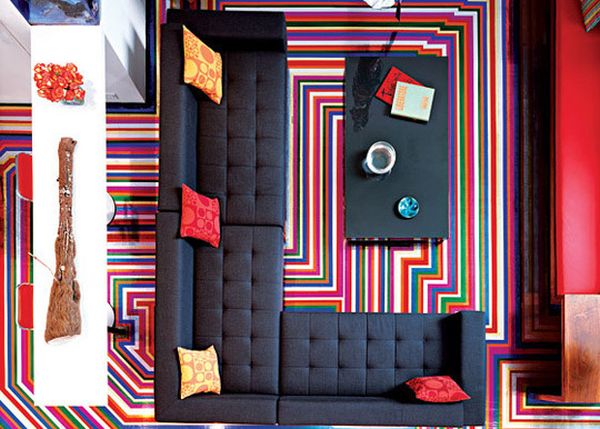 Colorful striped flooring created meticulously using duct tape