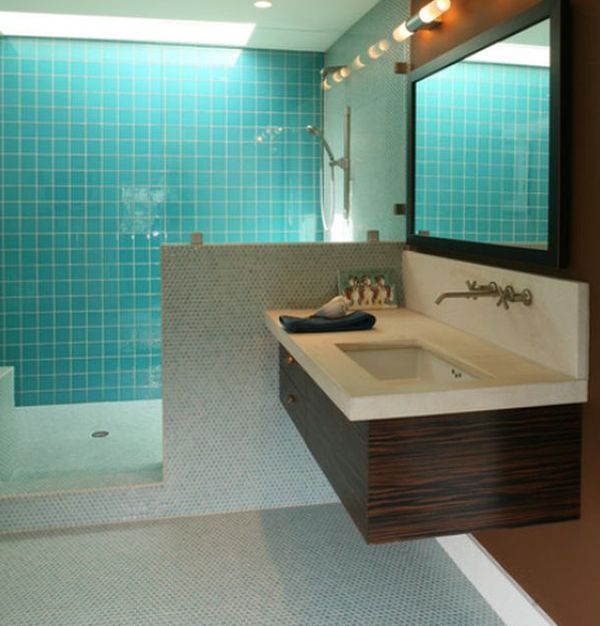 Cool blue bathroom enhanced with compact floating sink