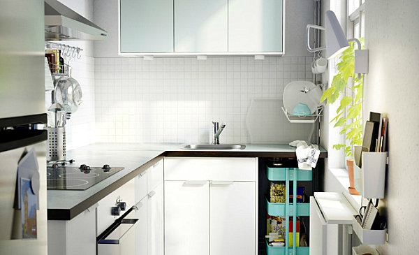 Crisp, white Scandinavian kitchen with colorful accents