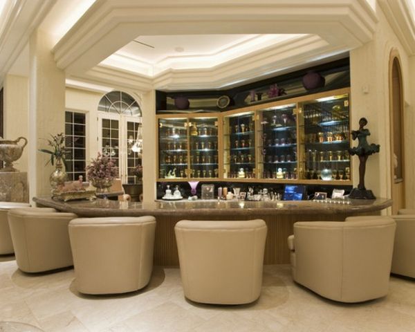 Elaborate design for a contemporary home bar in neutral hues