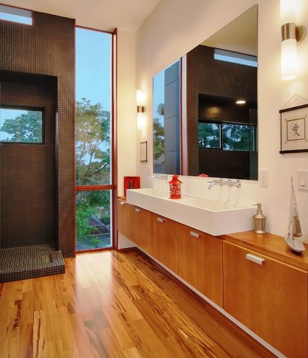 Elaborate sink cabinet design clad in wood