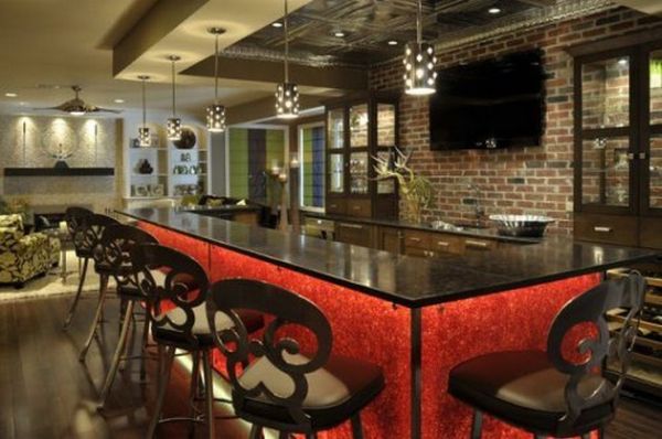 Extravagant home bar detailed in attractive red and black hues