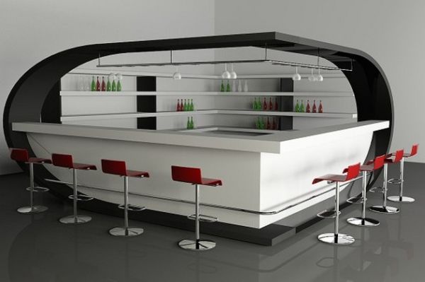 Futuristic home bar employs red and white