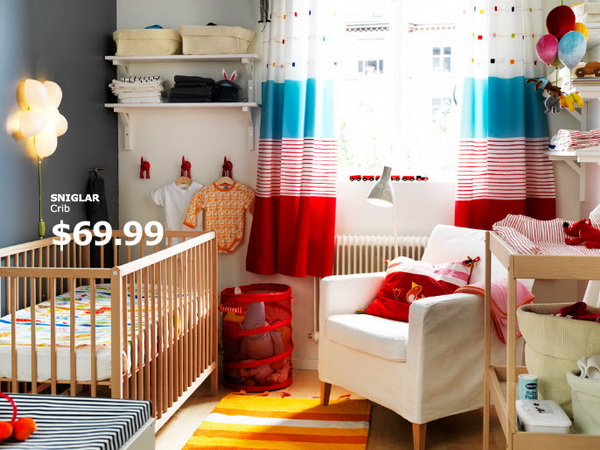 IKEA nursery room with colorful drapes