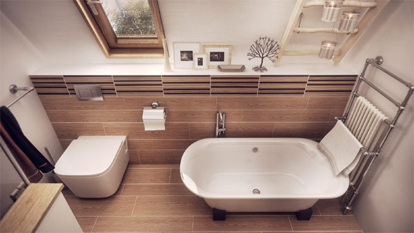 Lovely-use-of-wood-around-white-bathtub