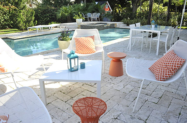 Metal outdoor furniture in white and orange