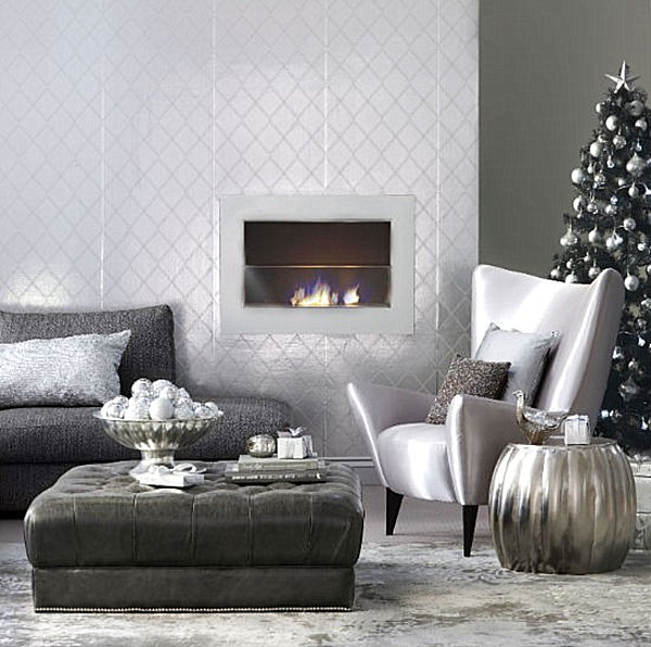 Metallic Christmas decorations in a modern living room