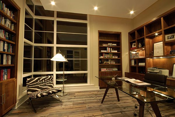 Modern style study room with recessed wooden bookshelves