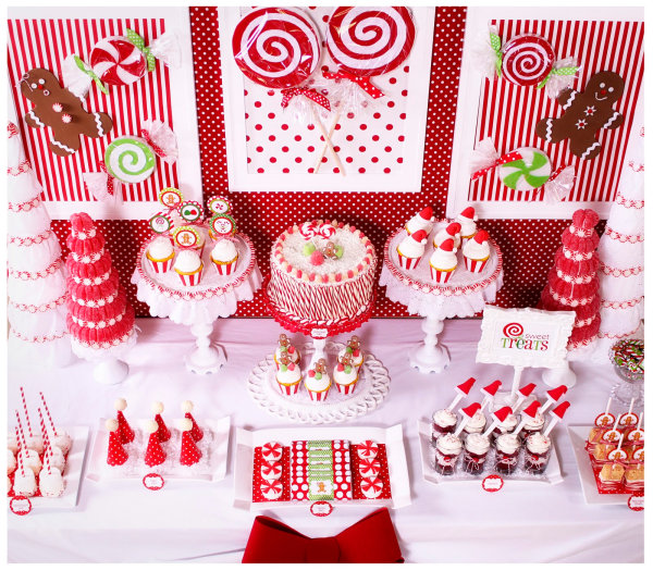 Red and white Christmas dessert table