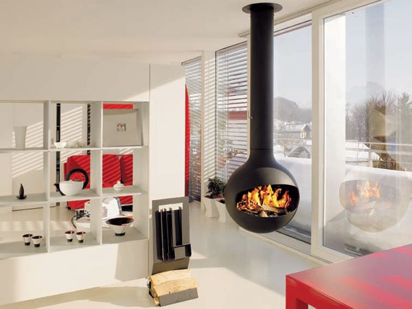 Scandinavian living room with suspended fireplace