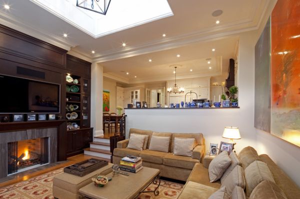 Traditional-living-room-with-dark-hues-and-large-skylights