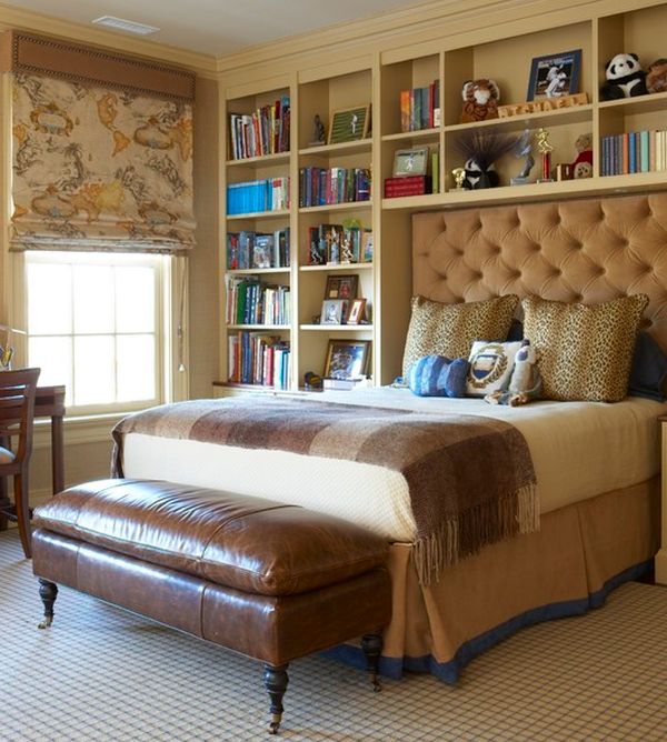 Tufted headboard in brown perfectly complements the bedroom