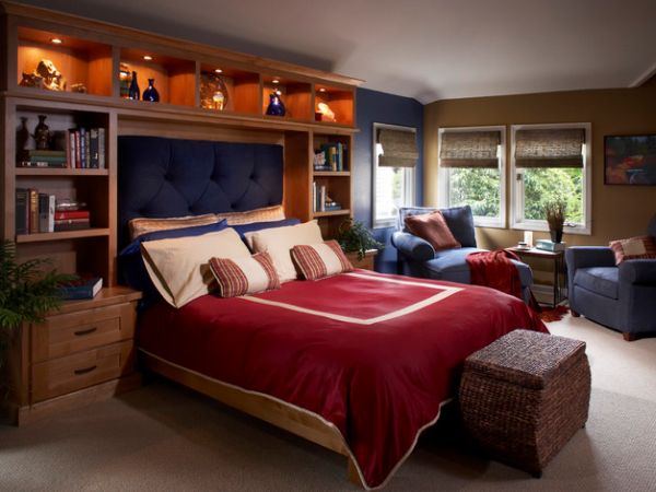 Vivacious boys bedroom with bright navy blue tufted headboard