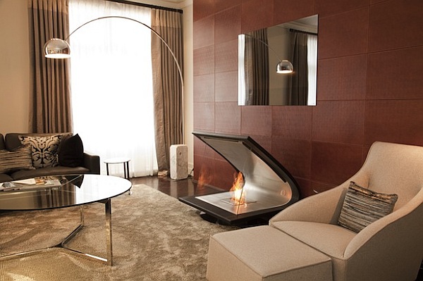 Zeta fireplace - made of leather, steel and glass