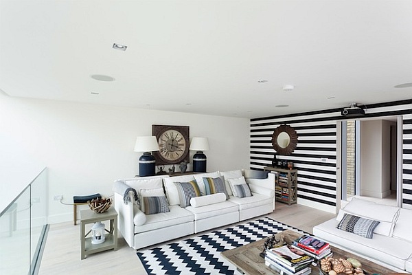 beautiful white living room with patterned rugs