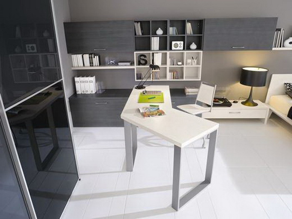 black and white modern study room with creative desk