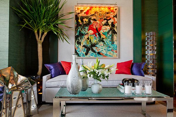 colorful living room with emerald accents