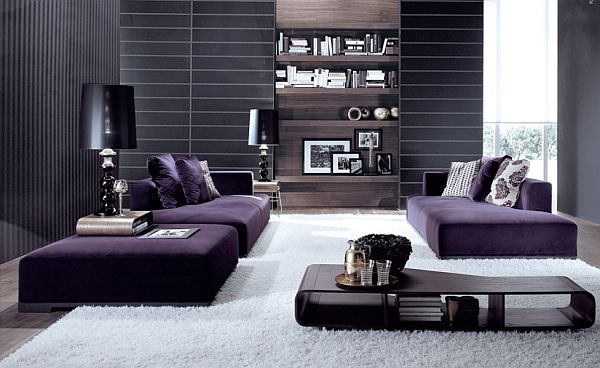 Modern bachelor pad with low couch and coffee table with rug