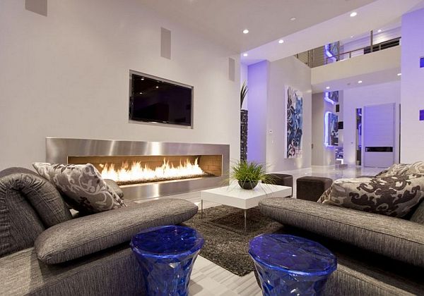 modern living room with large cozy fireplace