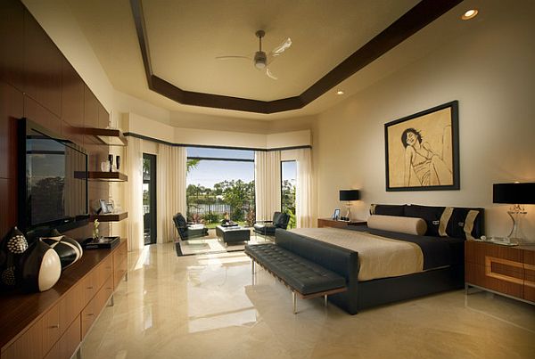 Stunning bachelor pad bedroom with polished flooring