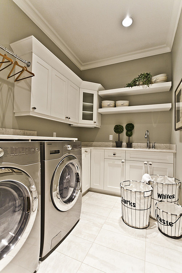 stylish laundry room with drying rack