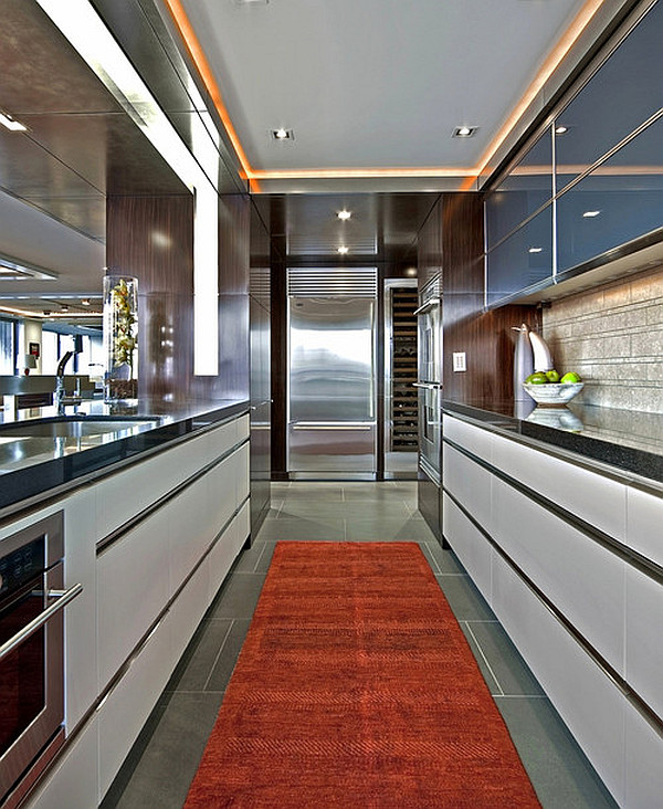 ultra contemporary kitchen with red themed throw rug