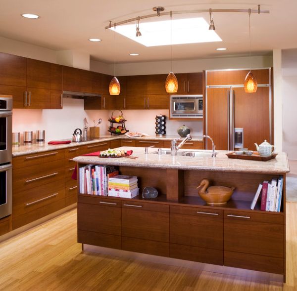 Asian design inspired kitchen with bookshelf at the end of the bar for cookbooks