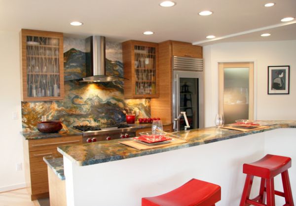 Colorful granite backsplash and countertop along with retro-styled furnishings make up this Asian kitchen