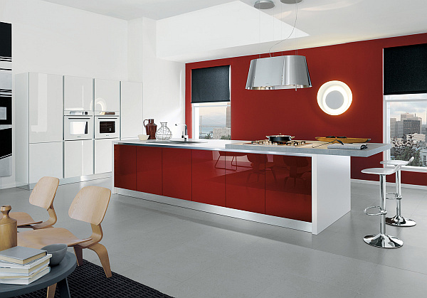 Contemporary kitchen in white and glossy amaranth red