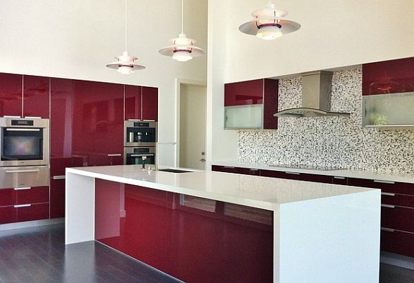 Dark red painted wood kitchen design