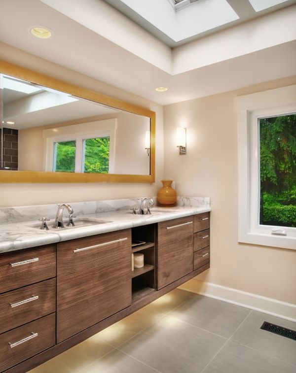 Gorgeous bathroom vanity enhanced with smart use of serene lighting