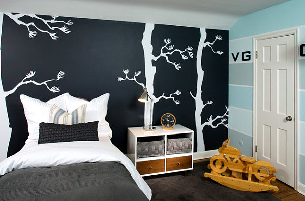 Modern boy's room with tree decals