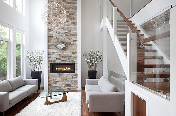 Modern fireplace with sunburst clock overhead