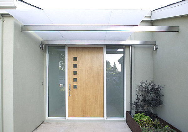 Modern front door with small square windows