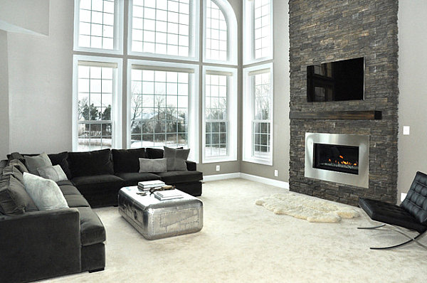 Modern gas fireplace with stacked stone