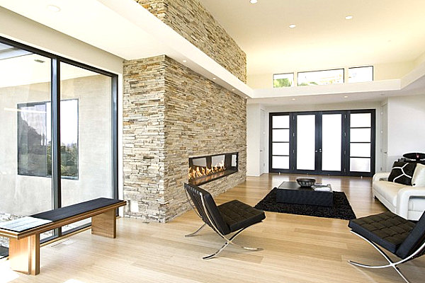 Modern stone fireplace in a contemporary living room