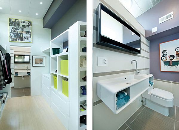 Organized shelf space and floating cabinets help maximize the interiors