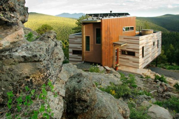 Shipping Container Home in Colorado set in a rocky terrain