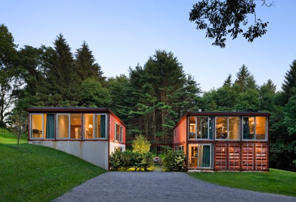 Shipping container home illuminated beautifully