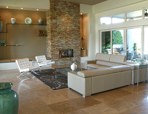 Stone fireplace in a modern living room