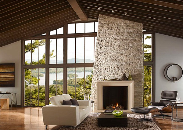 Stone fireplace with a wooden mantel