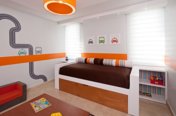 Stylish toddler bedroom with cars and roads wall decal and beautiful bedding