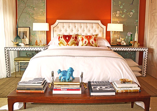 Tangerine bedroom with blue accents