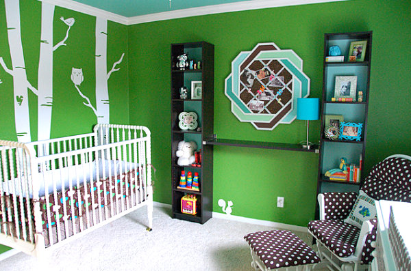 Tree trunk decals in a green nursery