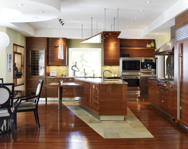 Unique island shape and modern Asian accents grace this attractive contemporary kitchen