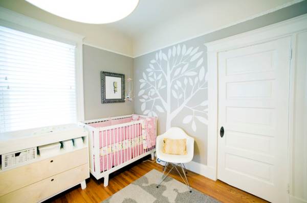 White tree decal in a modern nursery