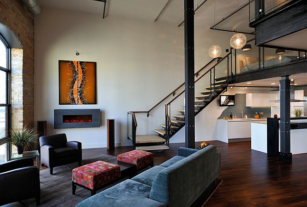 Beautiful dark wood flooring in a rather modern loft design