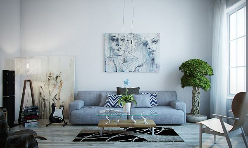 grey and sky blue living room