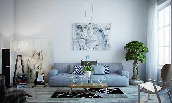 Light blue couch with a bold contrasting green plant in the living room