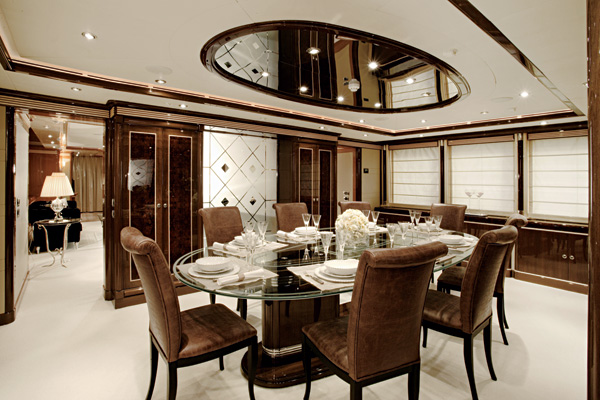 brown and white dining room with art deco elements